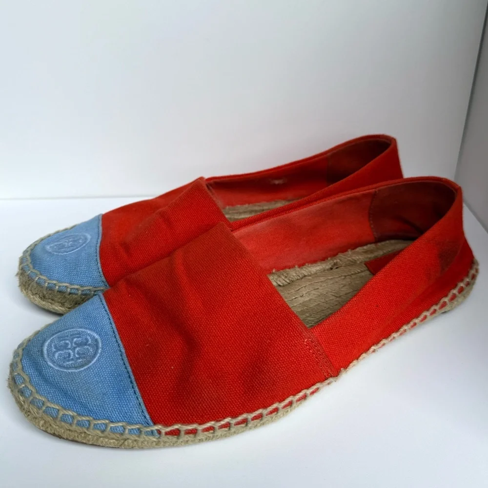 Tory Burch Colorblock Canvas Espadrilles Red Blue Flats Size 9 Logo Cap‎ Toe